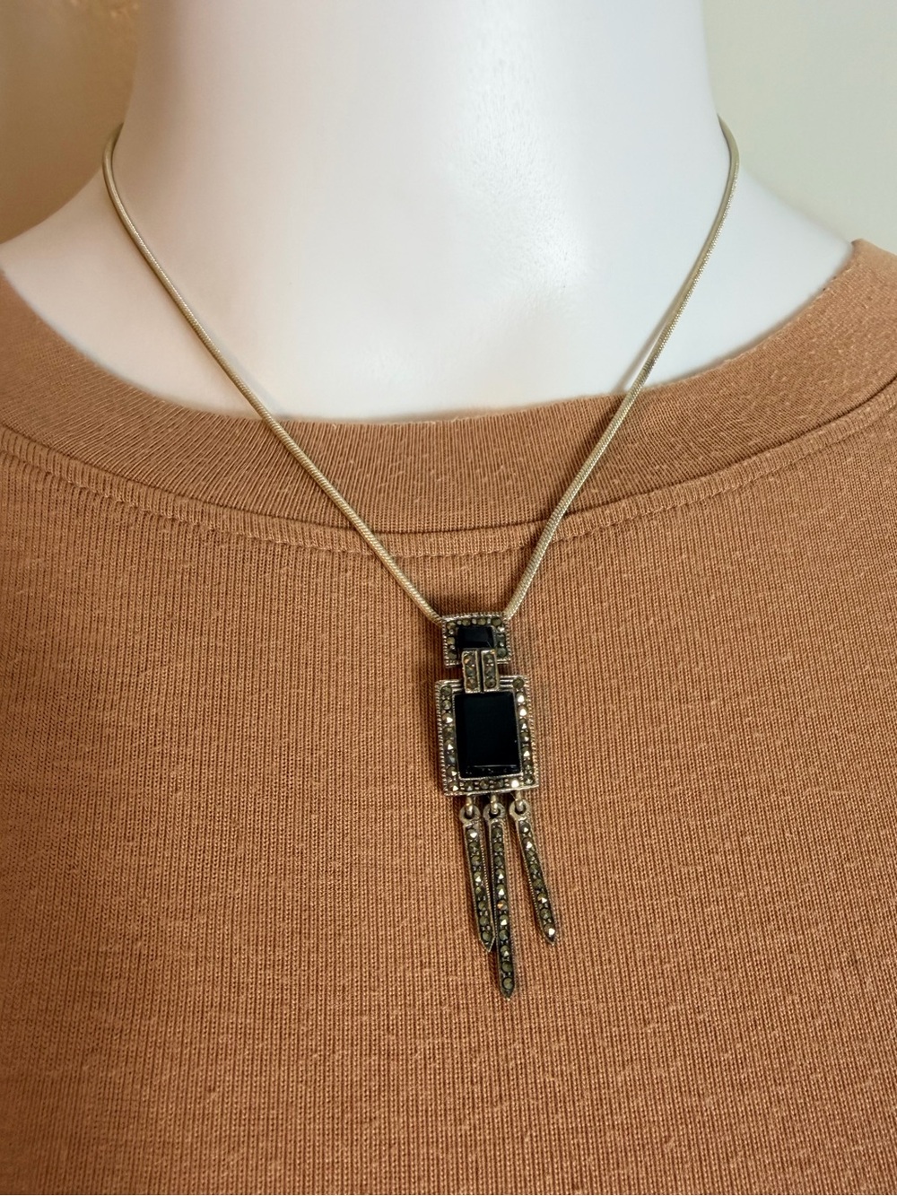 925 Marked Black Art Deco Fringe Pendant Necklace